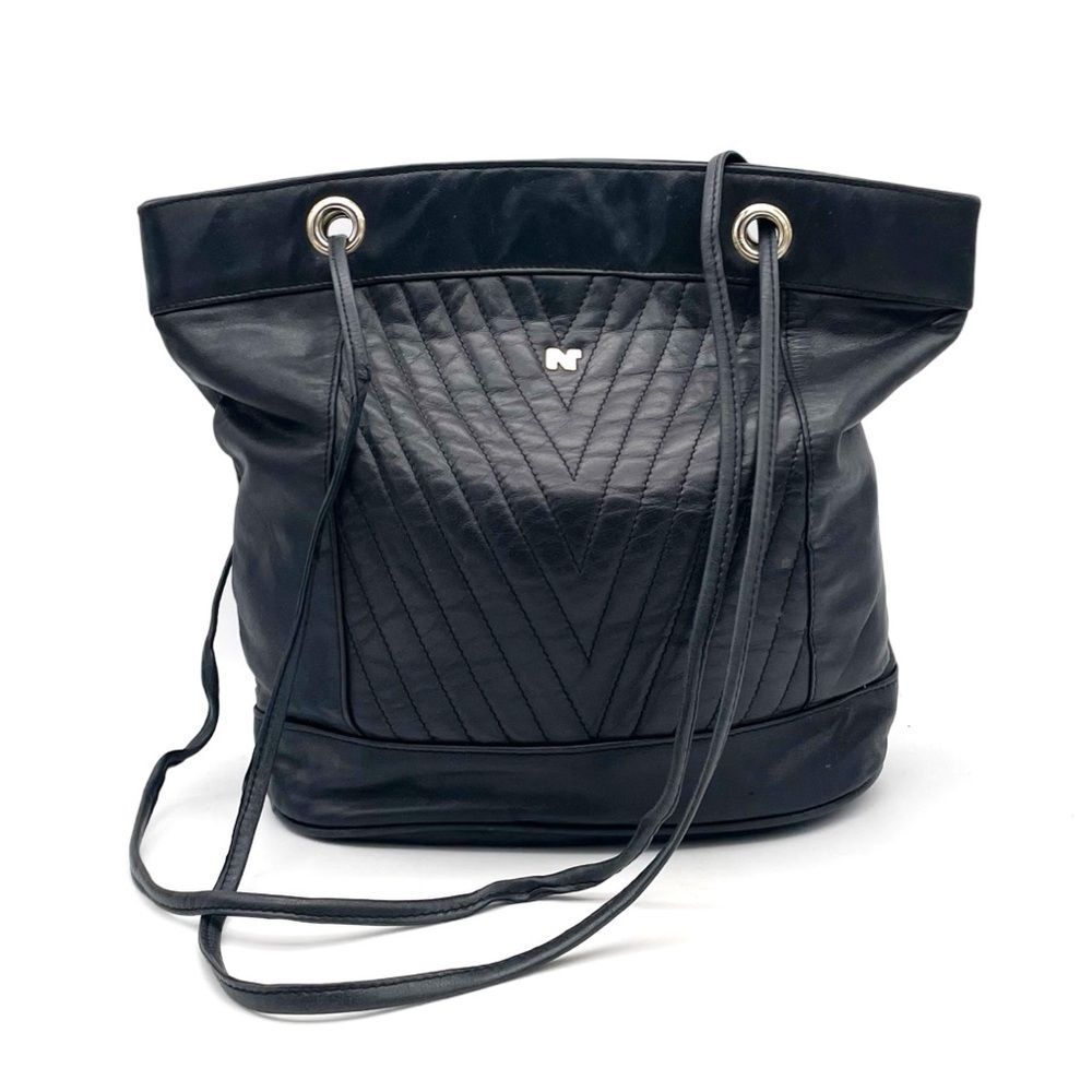 Nina Ricci Black Leather Tote Bag Drawstring Shoulder Purse Quilted Chevron
